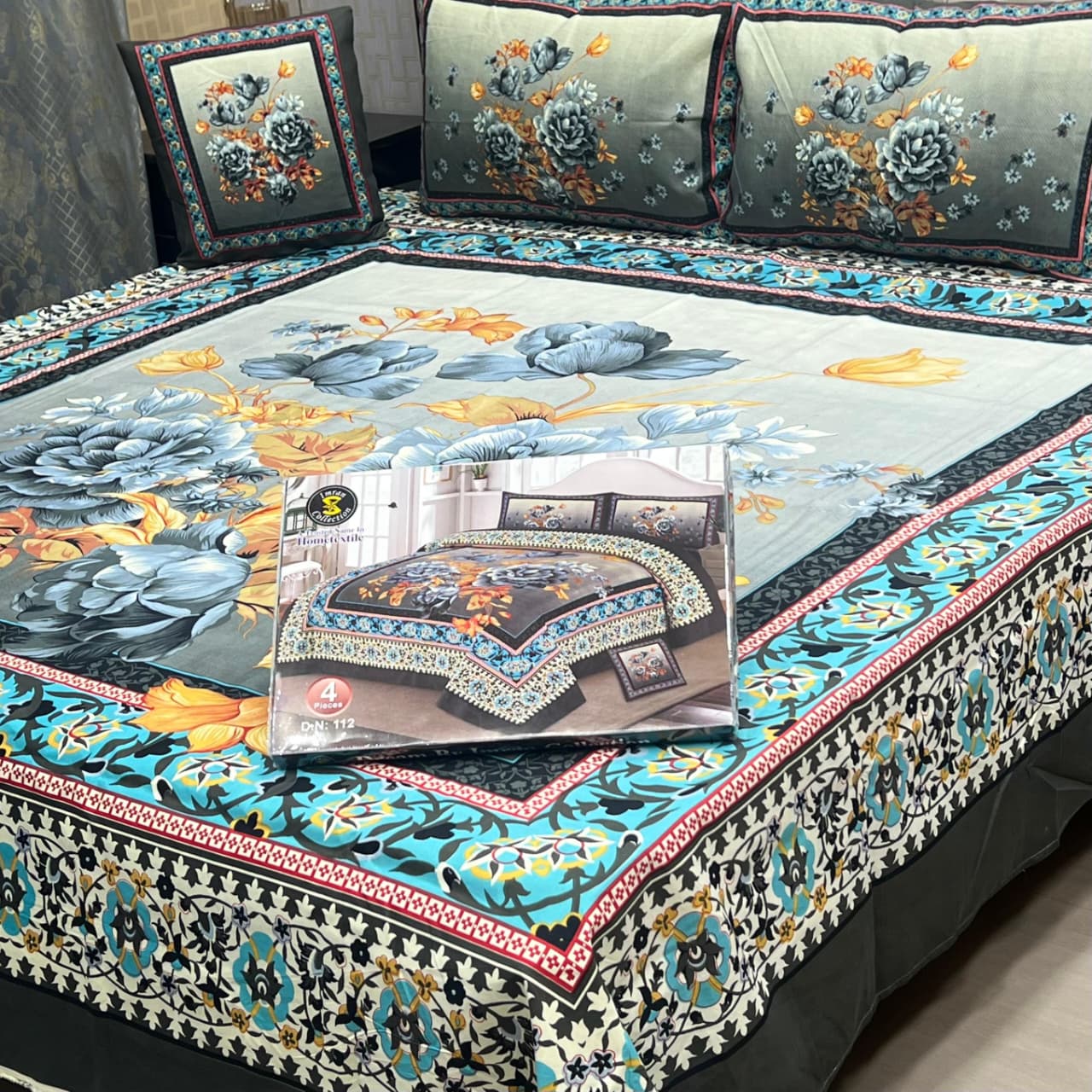 Luxury Red Floral 4 Piece Panel Bedsheet Set – Crystal Cotton Double Bed Sheet