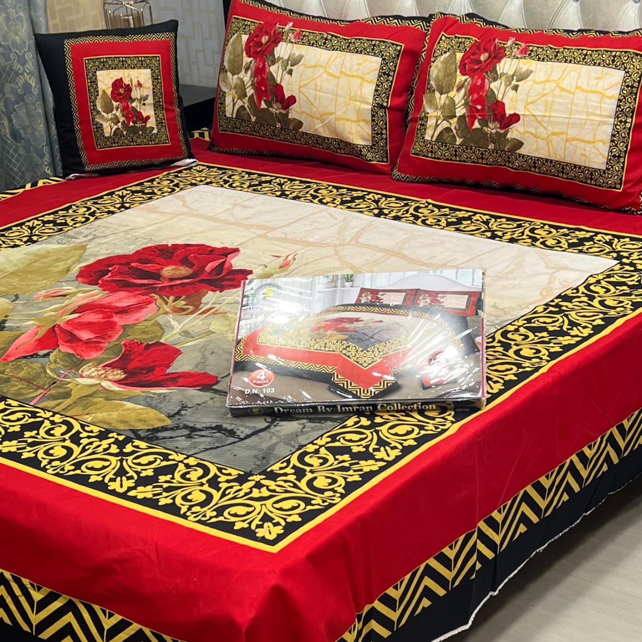 Luxury Red Floral 4 Piece Panel Bedsheet Set Crystal Cotton Double Bed Sheet