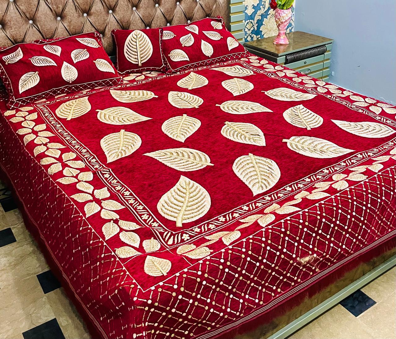 Elegant Red Printed Crystal Cotton Bedsheet King Size
