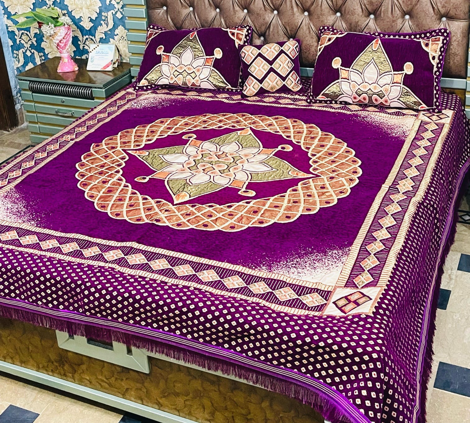 Premium Red & Golden Floral Double Bedsheet Set