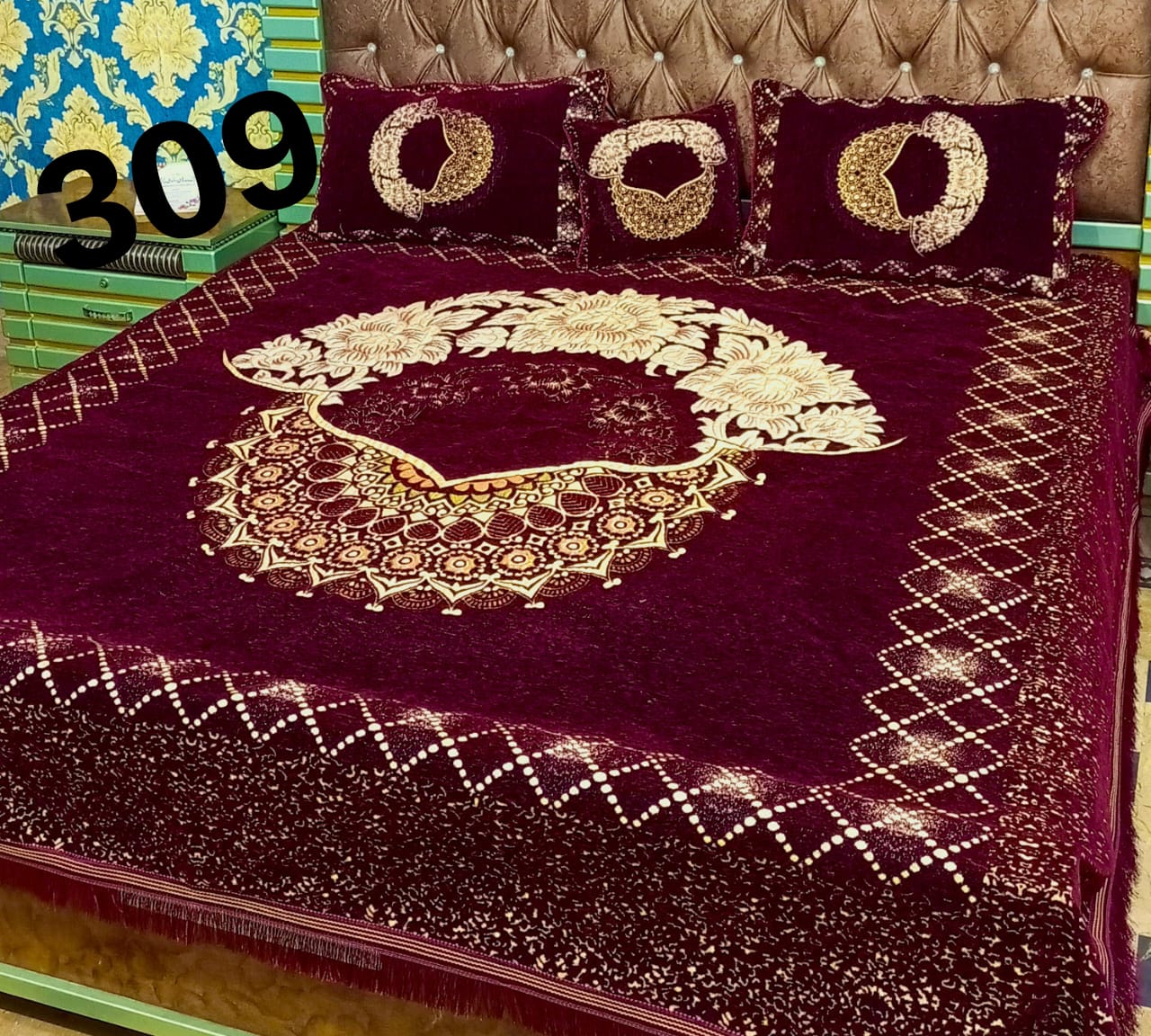 Royal Red Panel Design Double Bed Sheet with Pillow Covers