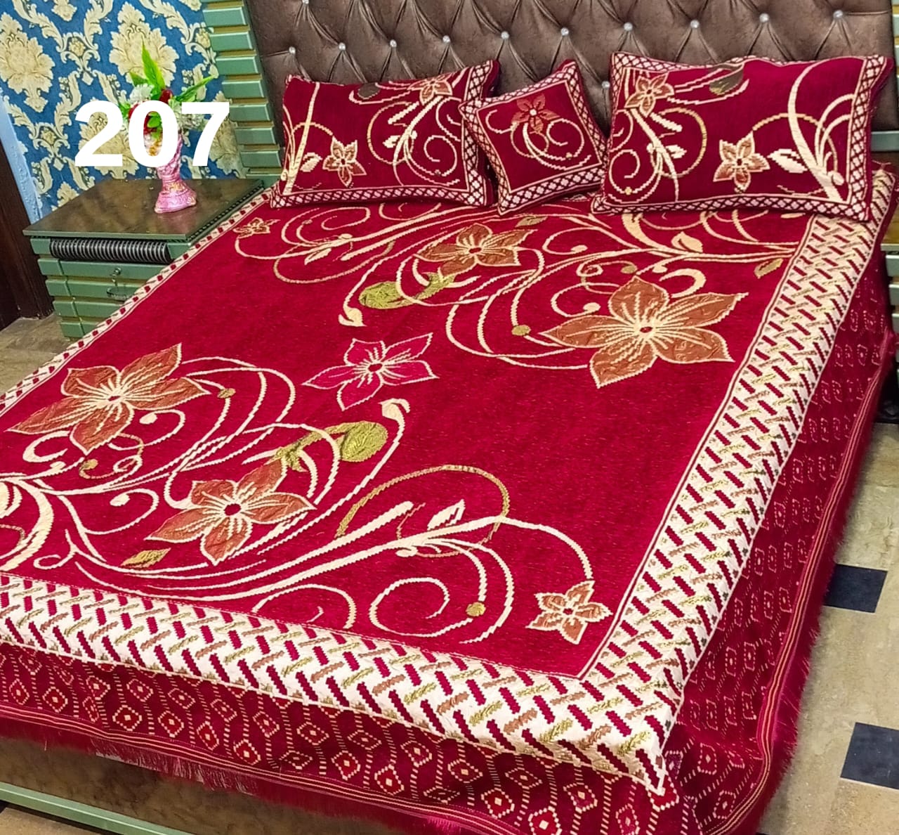 Luxury Red Floral Crystal Cotton Double Bed Sheet Set  4 Piece